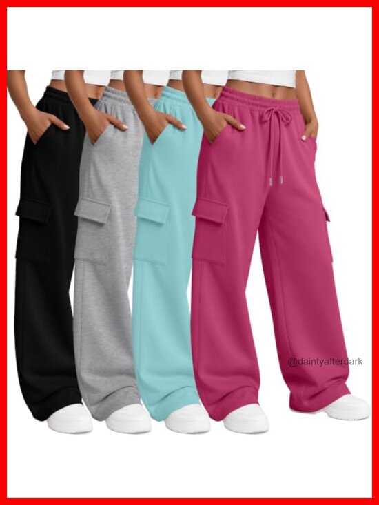 Pants - 4 Pack Women's Cargo Sweatpants Wide Leg Baggy Drawstring Pockets